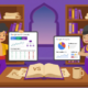 Aladdin and Jasmine compare Google Search Console and Google Analytics dashboards on tablets at a desk in a purple-themed study