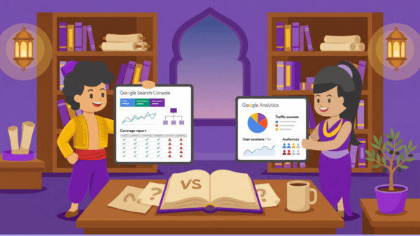 Aladdin and Jasmine compare Google Search Console and Google Analytics dashboards on tablets at a desk in a purple-themed study